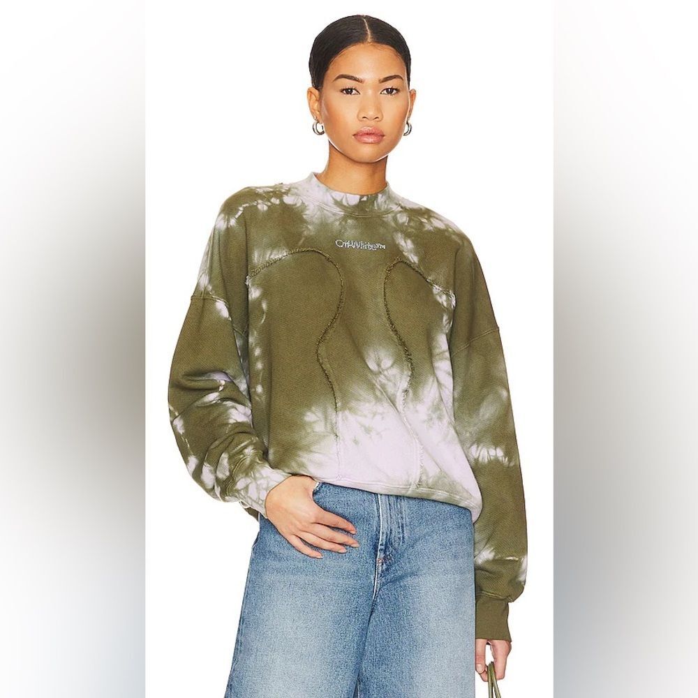 Off-White Tie Dye Pullover Sweatshirt Green White Women's M Logo Crew Neck
